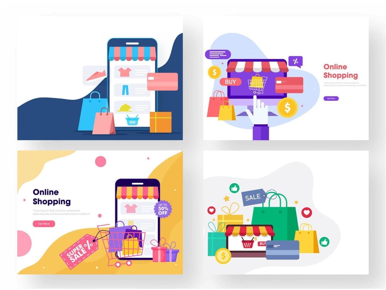 Four flat-illustration online shopping storefront template designs