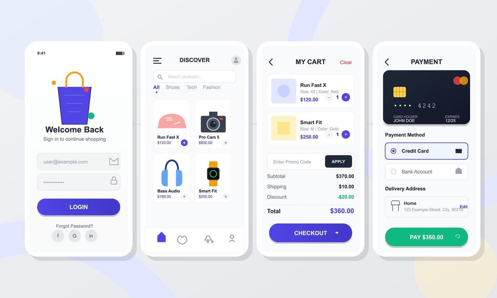 Mobile app screens for login, discovery, cart and payment