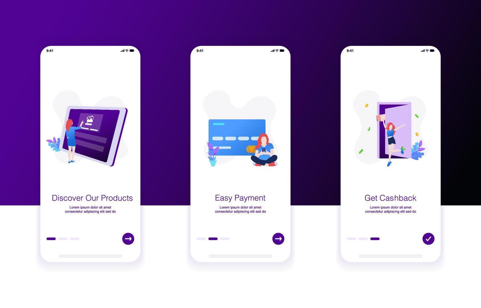 Mobile onboarding screens for products, payment and rewards