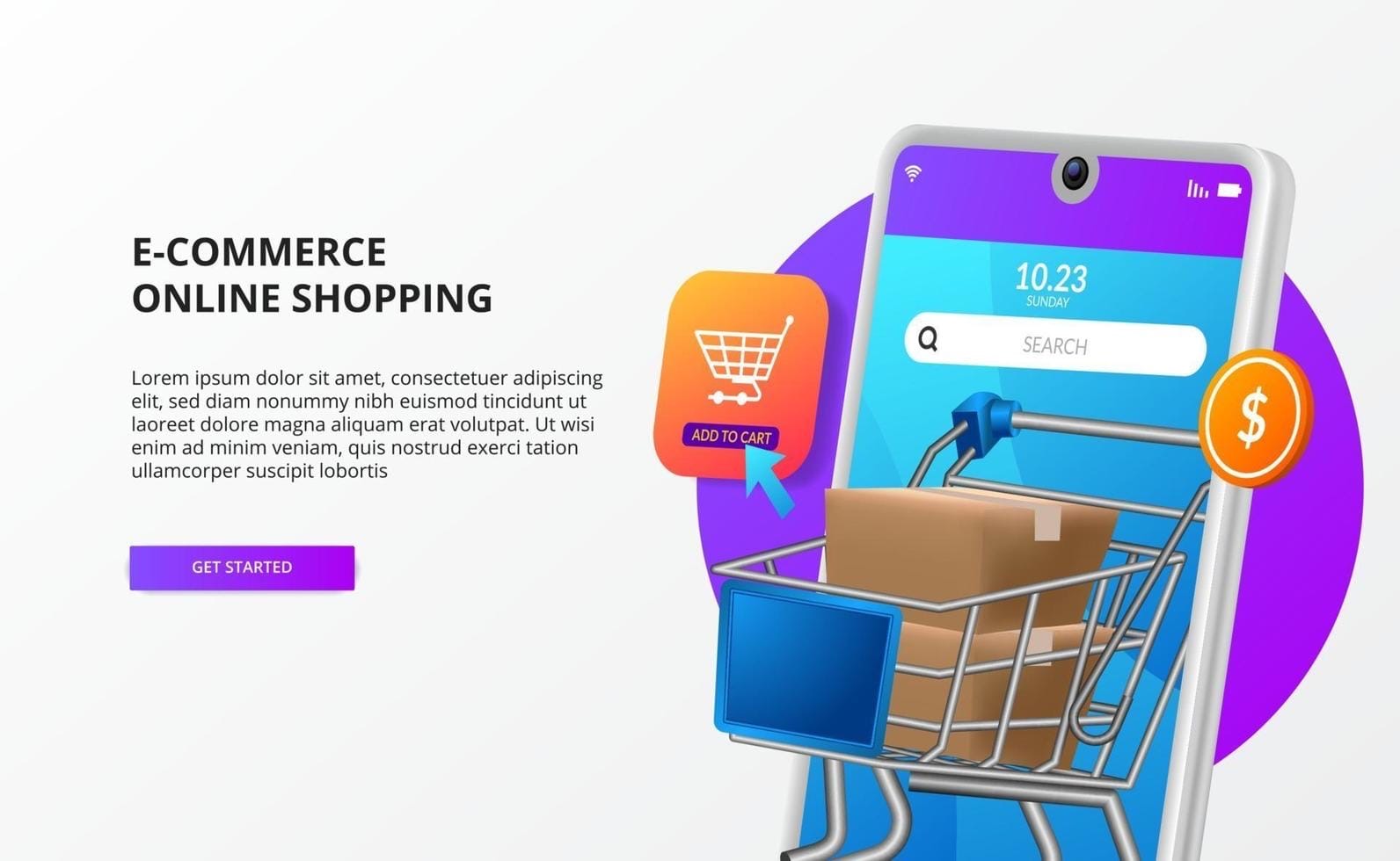Illustration of mobile e-commerce shopping with cart and payment